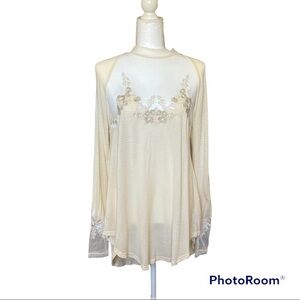 Free People Cream Mesh Embroidered Tee S